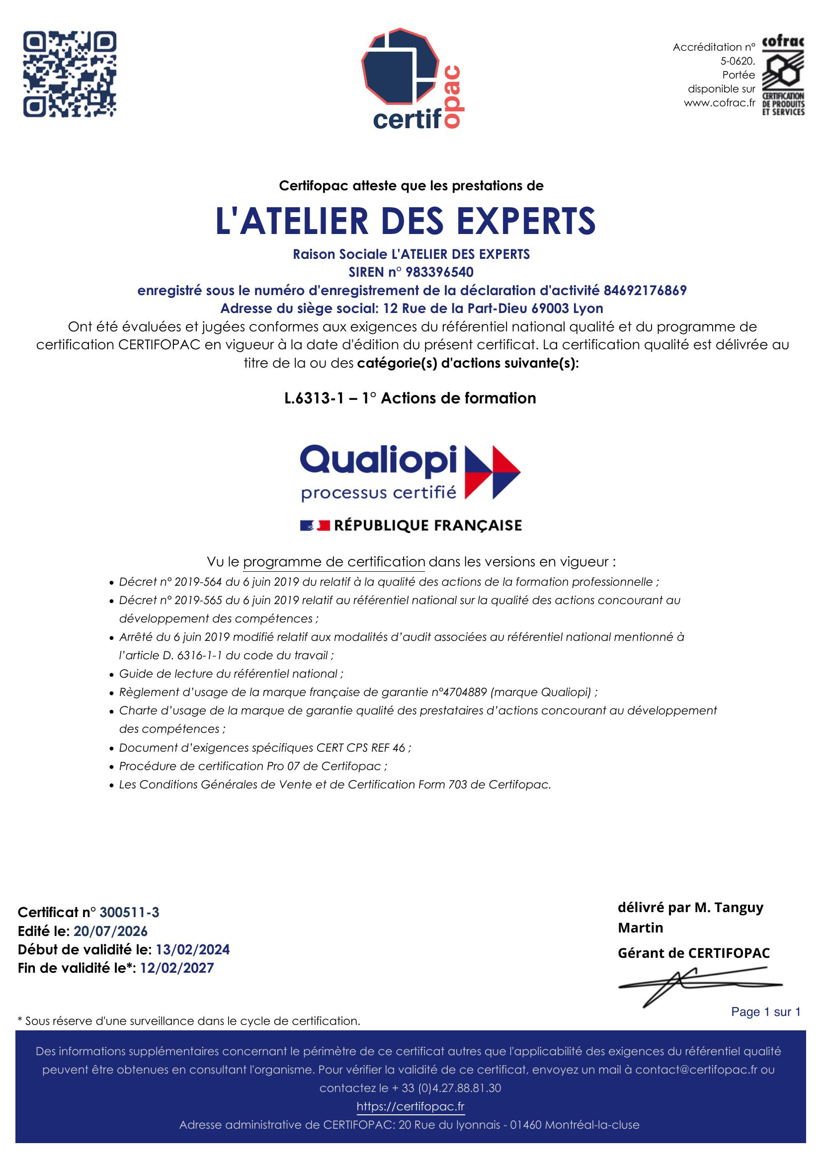 Certificat Qualiopi L'Atelier des Experts, 300511-3, délivré par Certifopac